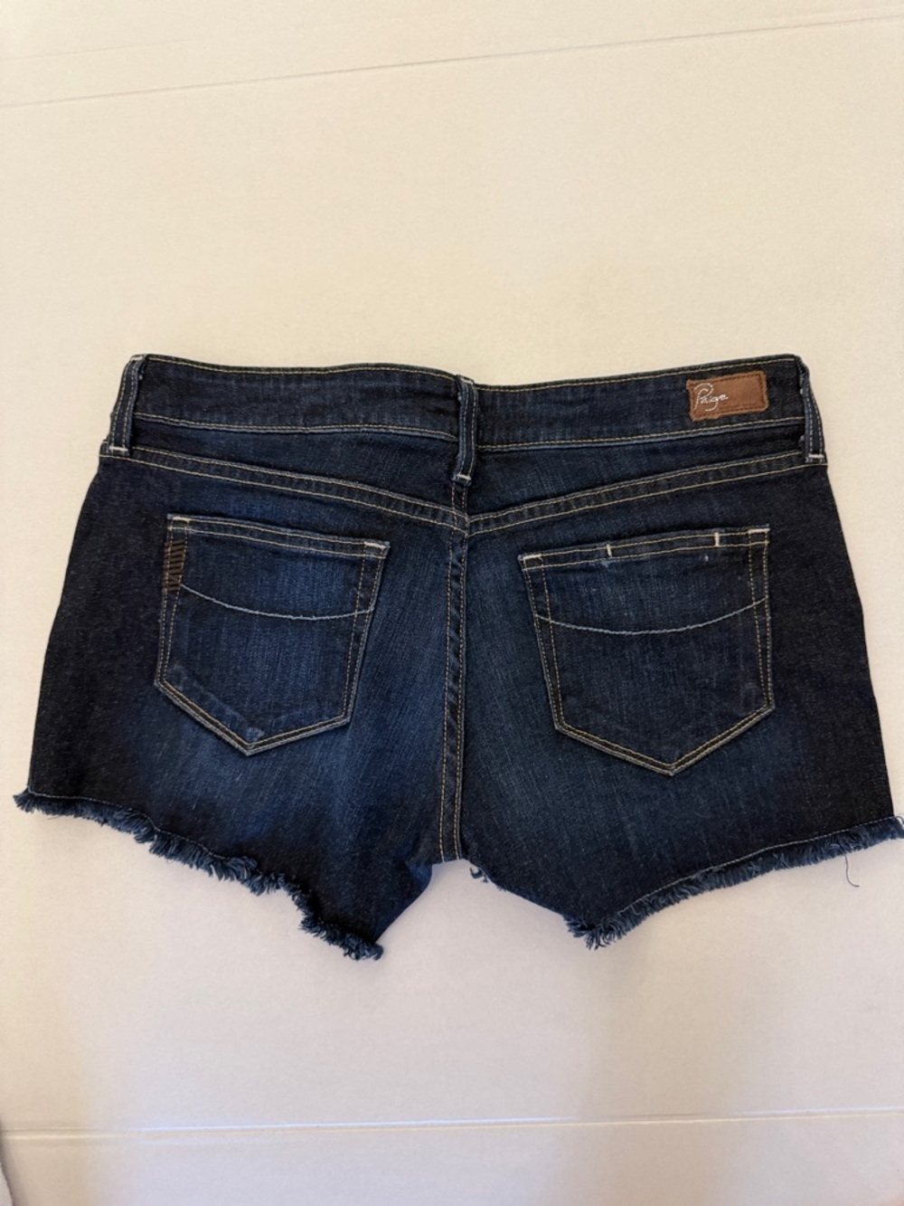 PAIGE Dark Indigo Frayed Hem Jean Shorts - Picture 4 of 9